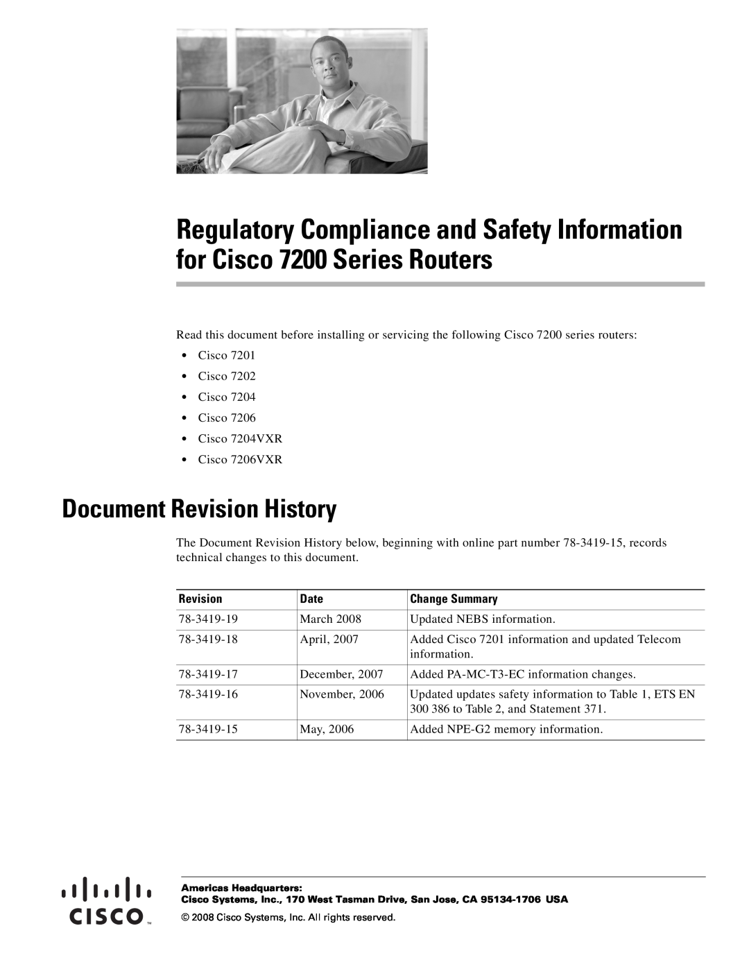 Cisco Systems 7200 Series, 7206 VXR, 7204 VXR, 7202 manual Document Revision History, Date, Change Summary 