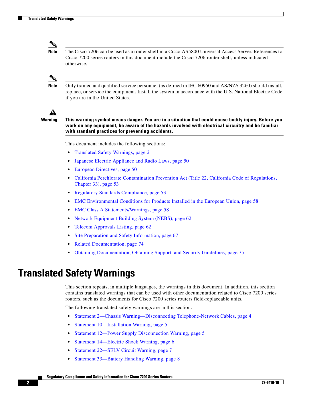 Cisco Systems 7204 VXR, 7206 VXR, 7200 Series, 7202 manual Translated Safety Warnings 