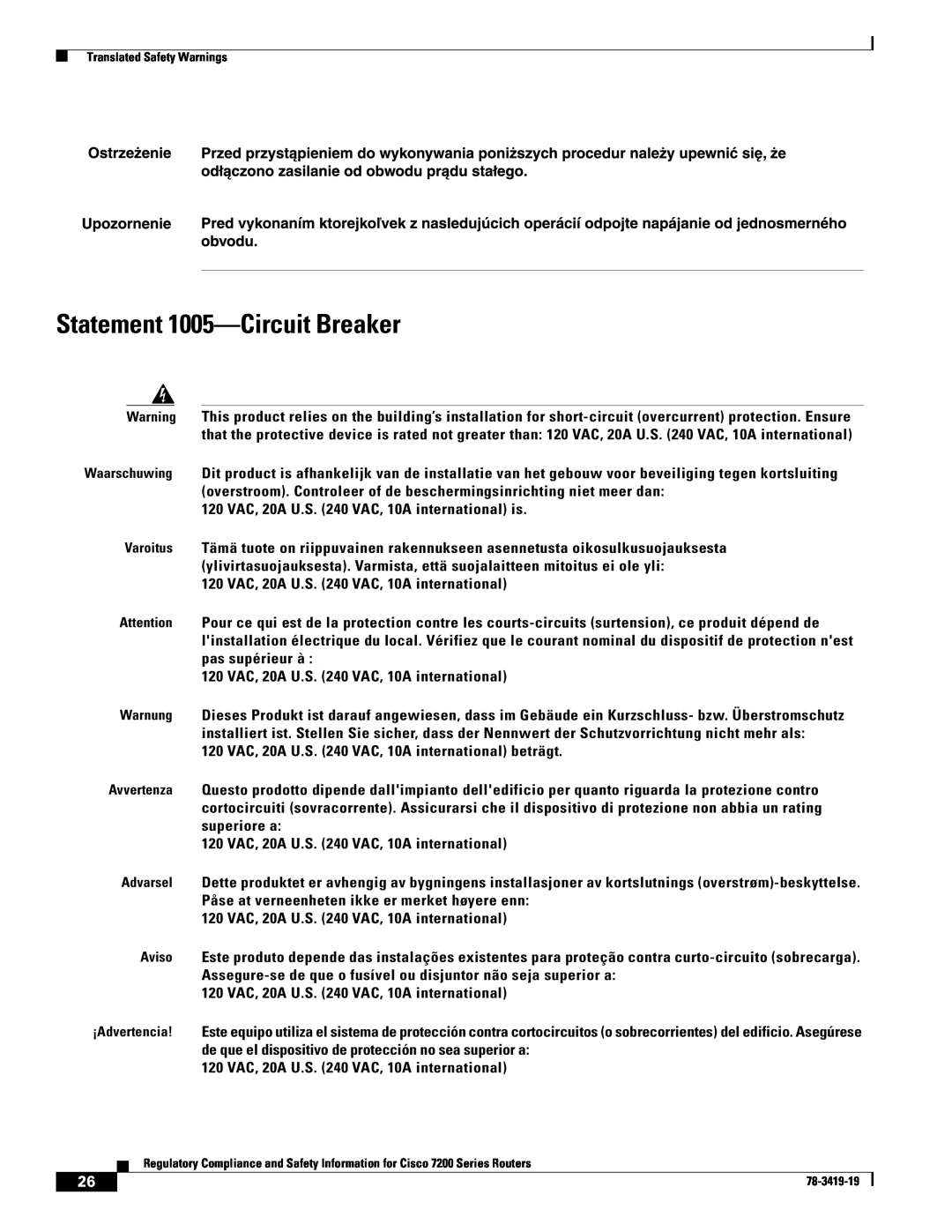 Cisco Systems 7204 VXR, 7206 VXR, 7200 Series, 7202 manual Statement 1005-Circuit Breaker 