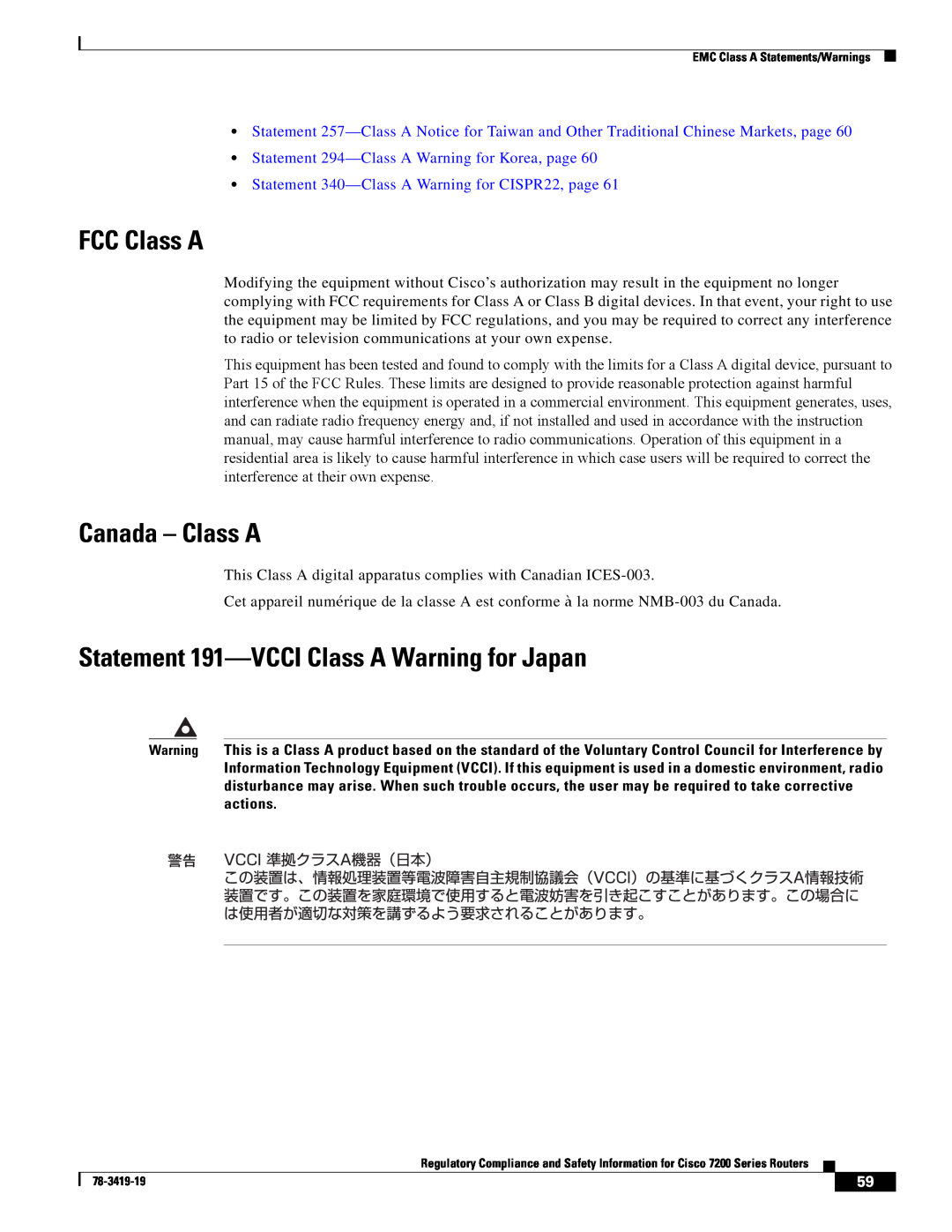Cisco Systems 7202, 7206 VXR, 7200 Series manual FCC Class A, Canada - Class A, Statement 191-VCCI Class A Warning for Japan 
