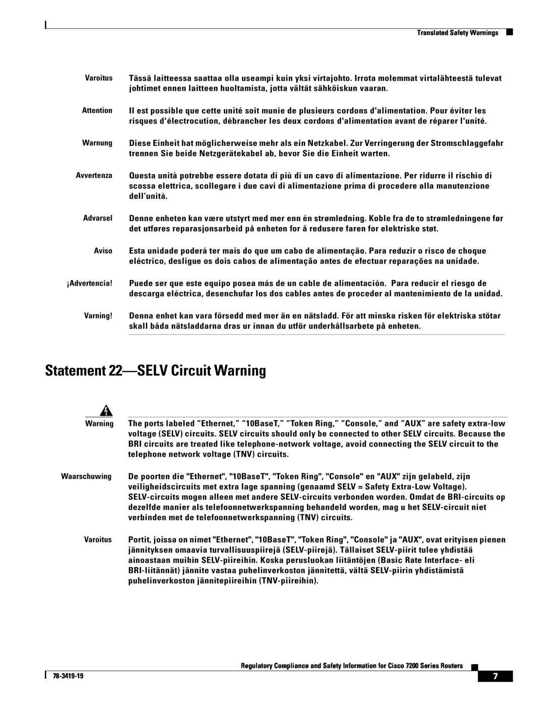 Cisco Systems 7202, 7206 VXR, 7200 Series, 7204 VXR manual Statement 22-SELV Circuit Warning 