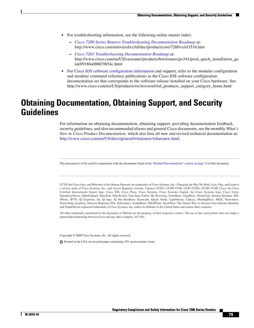 Cisco Systems 7202, 7206 VXR, 7200 Series Obtaining Documentation, Obtaining Support, and Security Guidelines, 78-3419-19 