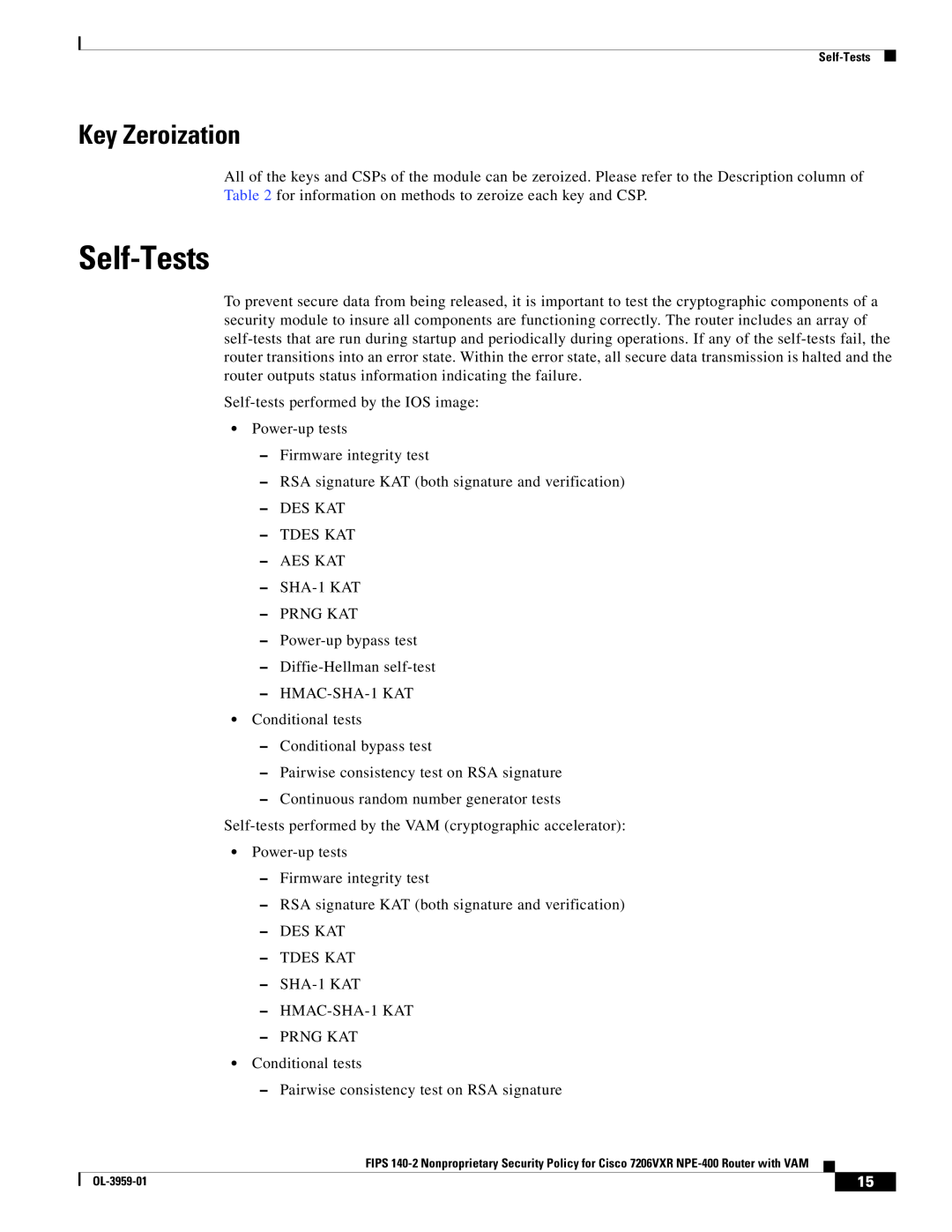 Cisco Systems 7206VXR NPE-400 manual Self-Tests, Key Zeroization 