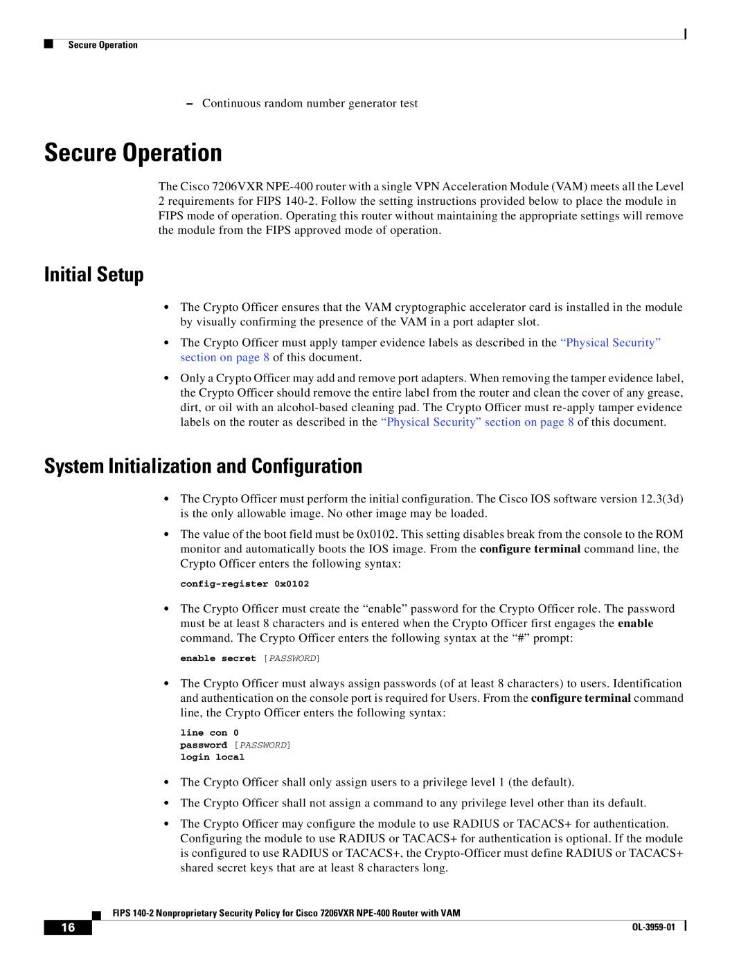 Cisco Systems 7206VXR NPE-400 manual Secure Operation, Initial Setup, System Initialization and Configuration 