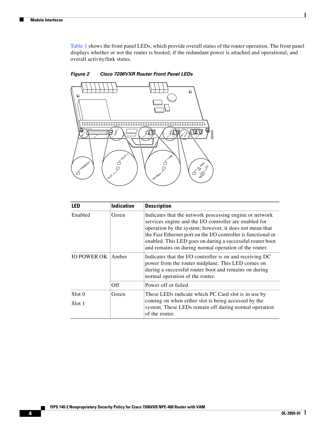 Cisco Systems 7206VXR NPE-400 manual Indication, Description, Cisco 7206VXR Router Front Panel LEDs 