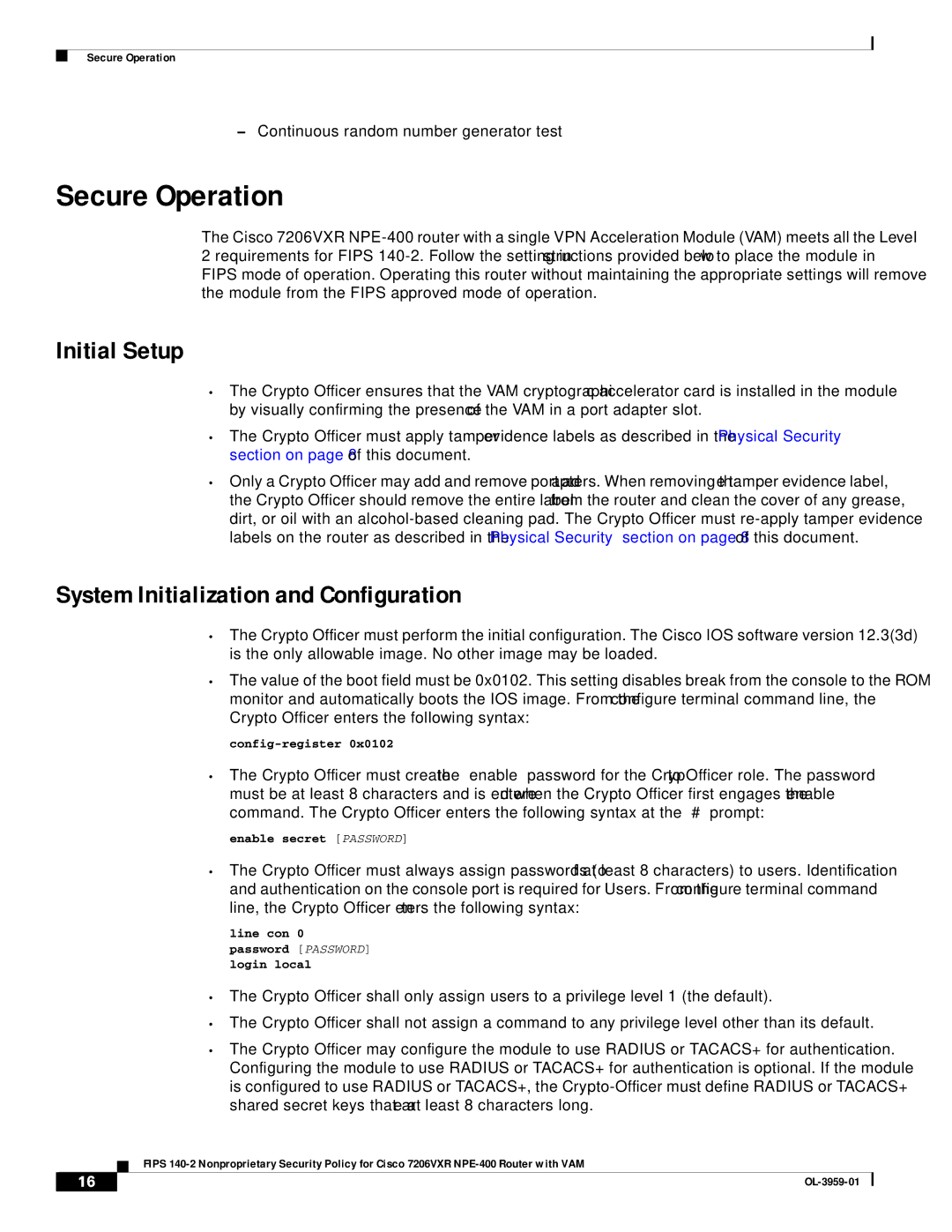 Cisco Systems 7206VXR NPE-400 manual Secure Operation, Initial Setup, System Initialization and Configuration 