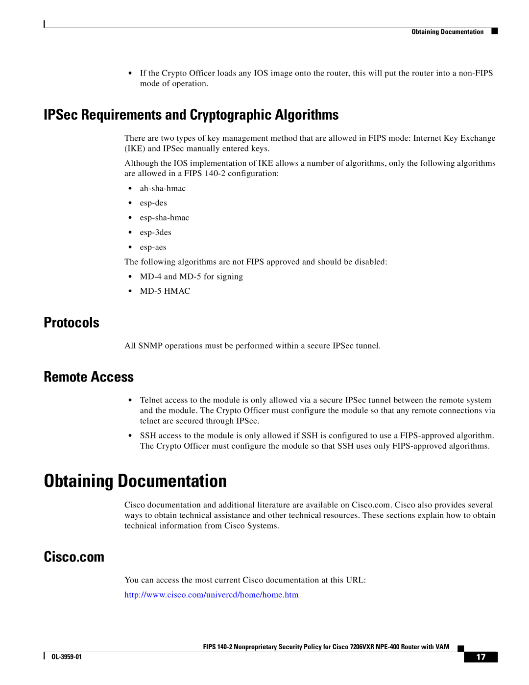 Cisco Systems 7206VXR NPE-400 manual Obtaining Documentation, IPSec Requirements and Cryptographic Algorithms, Protocols 