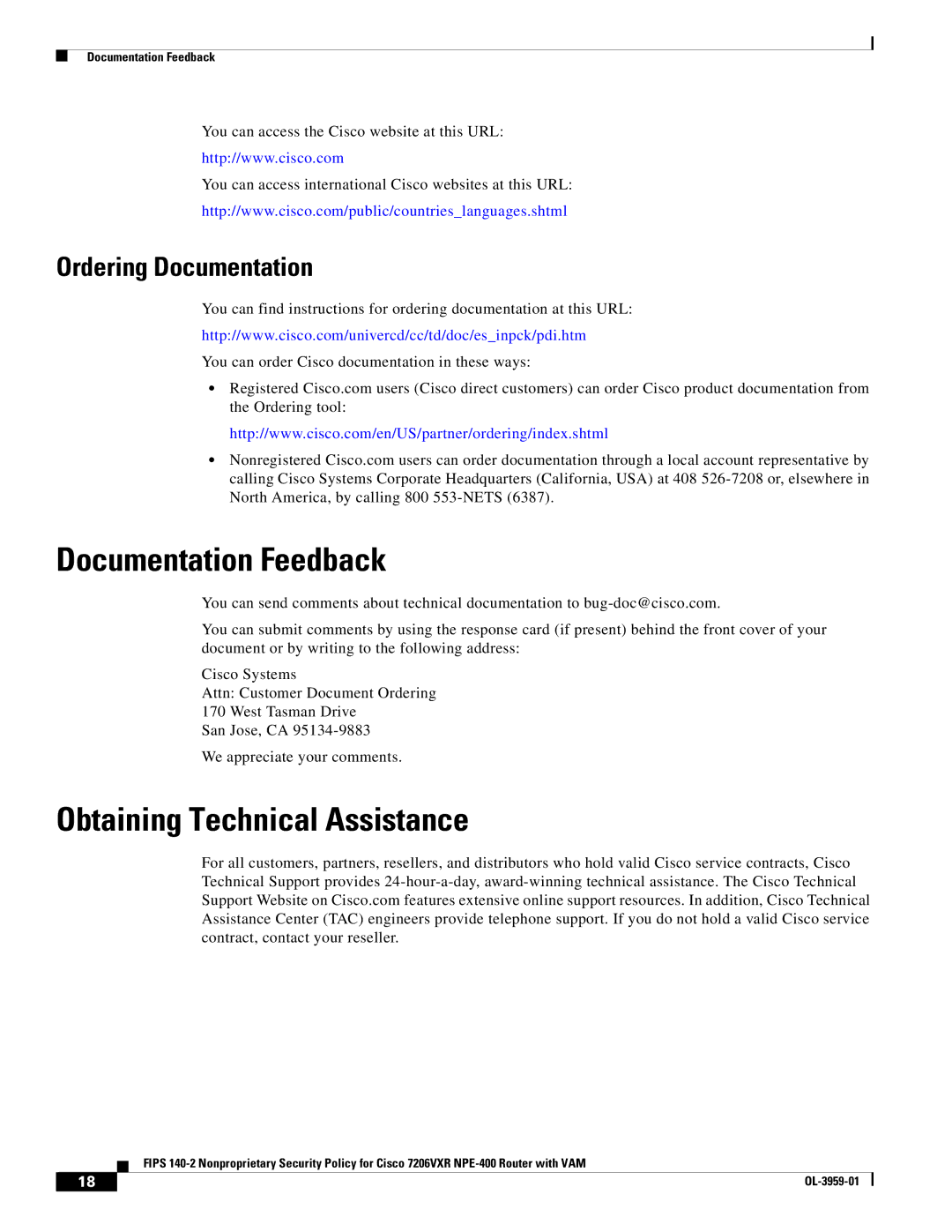 Cisco Systems 7206VXR NPE-400 manual Documentation Feedback, Obtaining Technical Assistance, Ordering Documentation 