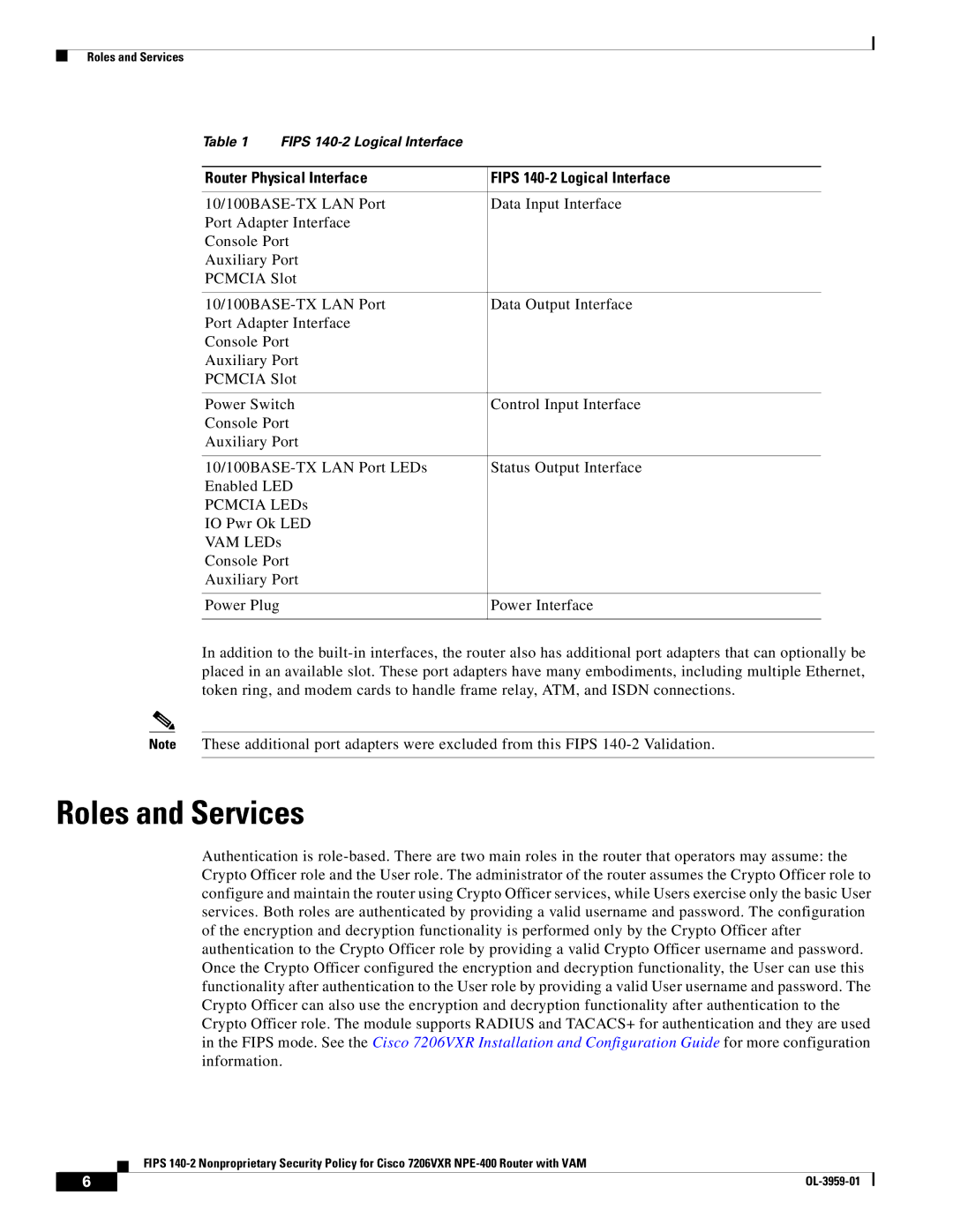 Cisco Systems 7206VXR NPE-400 manual Roles and Services, Router Physical Interface Fips 140-2 Logical Interface 