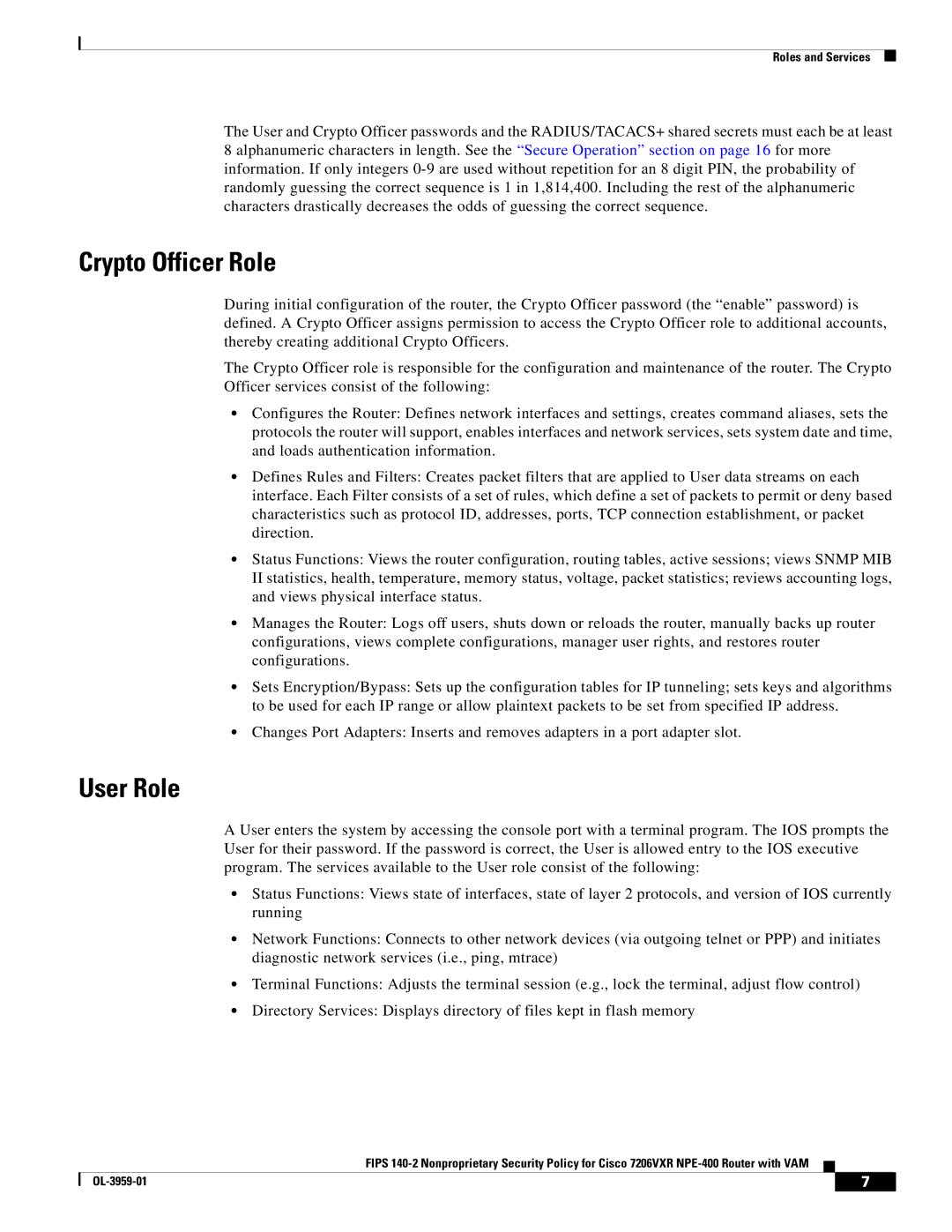 Cisco Systems 7206VXR NPE-400 manual Crypto Officer Role, User Role 