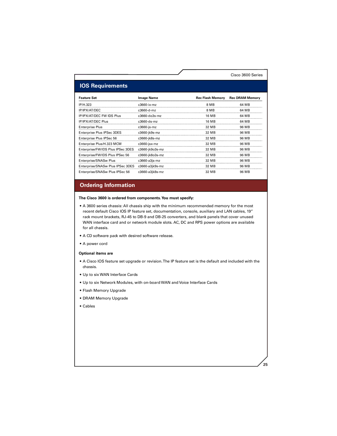 Cisco Systems 7300, 7200 IOSSeriesRequirementsFeatures Overview, Cisco 3600 is ordered from components. You must specify 