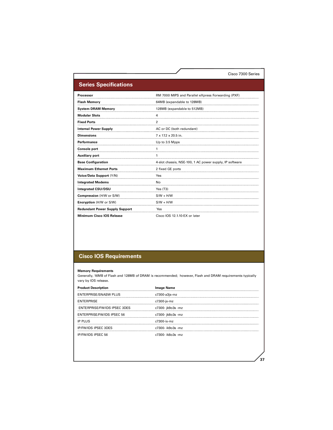 Cisco Systems 7300 Modular Slots Fixed Ports Internal Power Supply, Console port Auxiliary port Base Conﬁguration, IP Plus 