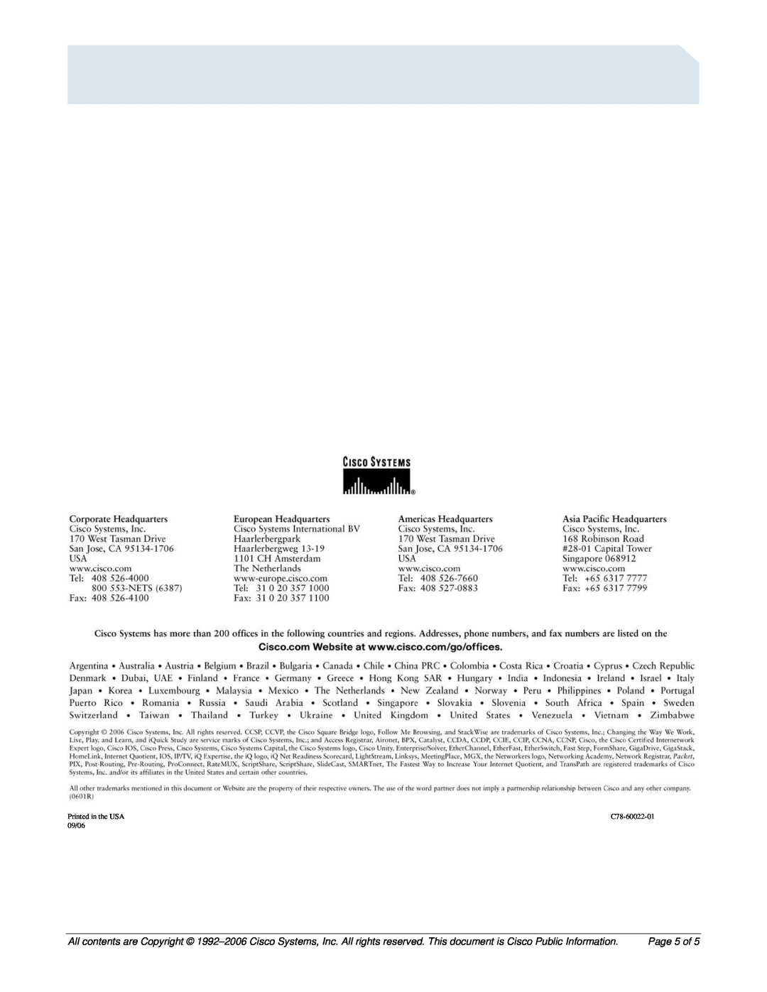 Cisco Systems 7500, 7300 manual Page 5 of, Printed in the USA, C78-60022-01, 09/06 