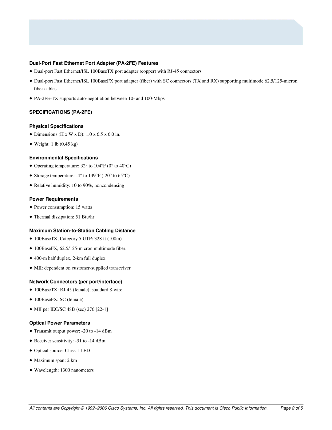 Cisco Systems 7300, 7500 manual Specifications PA-2FE 