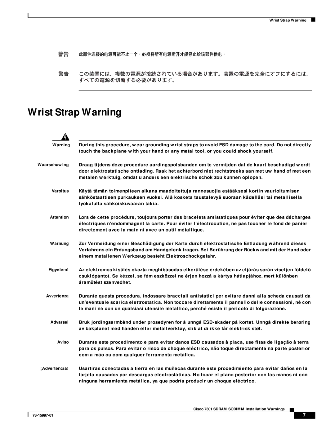 Cisco Systems 7301 SDRAM manual Wrist Strap Warning 