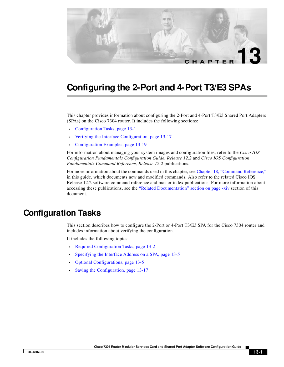 Cisco Systems 7304 manual Configuring the 2-Port and 4-Port T3/E3 SPAs, Configuration Tasks, C H A P T E R, 13-1 