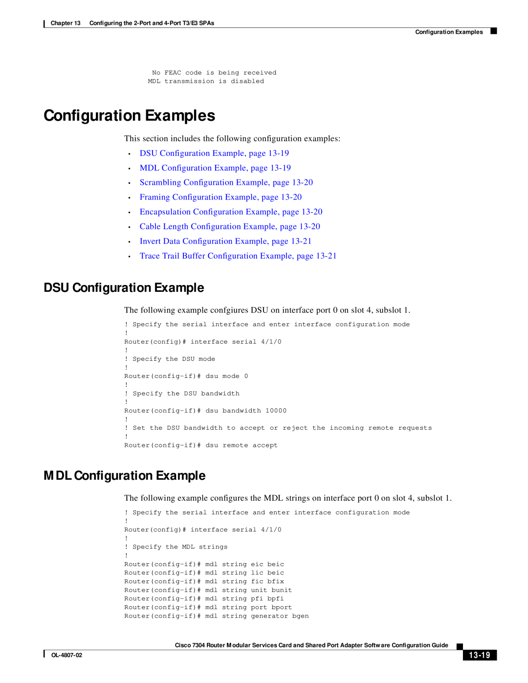 Cisco Systems 7304 manual Configuration Examples, DSU Configuration Example, MDL Configuration Example, 13-19 