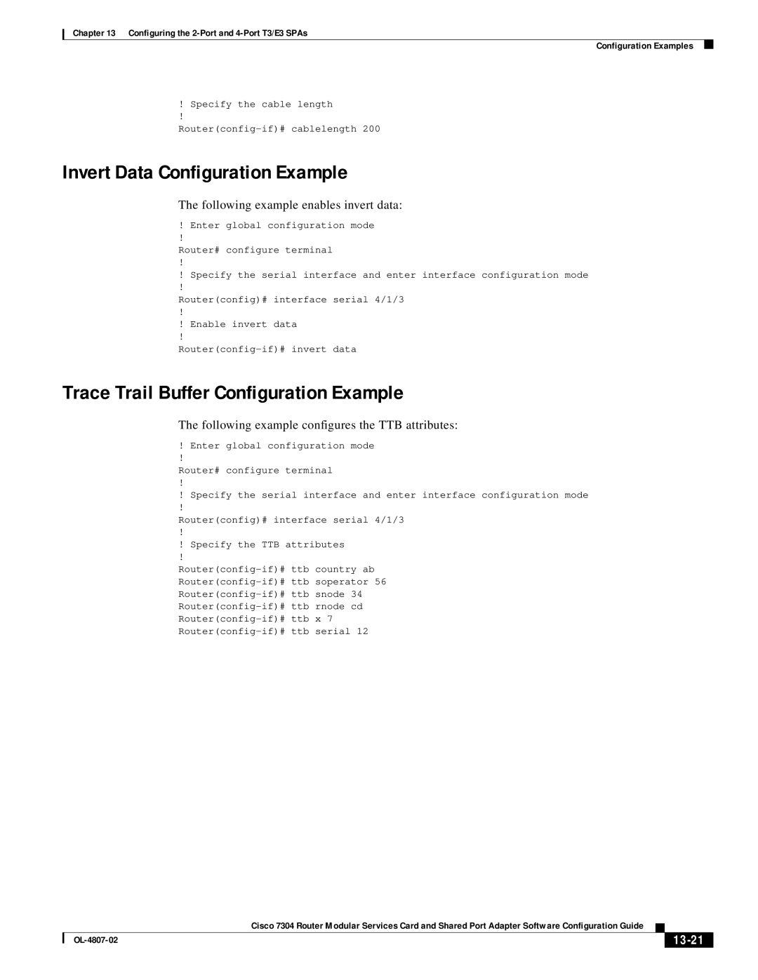 Cisco Systems 7304 manual Invert Data Configuration Example, Trace Trail Buffer Configuration Example, 13-21, OL-4807-02 