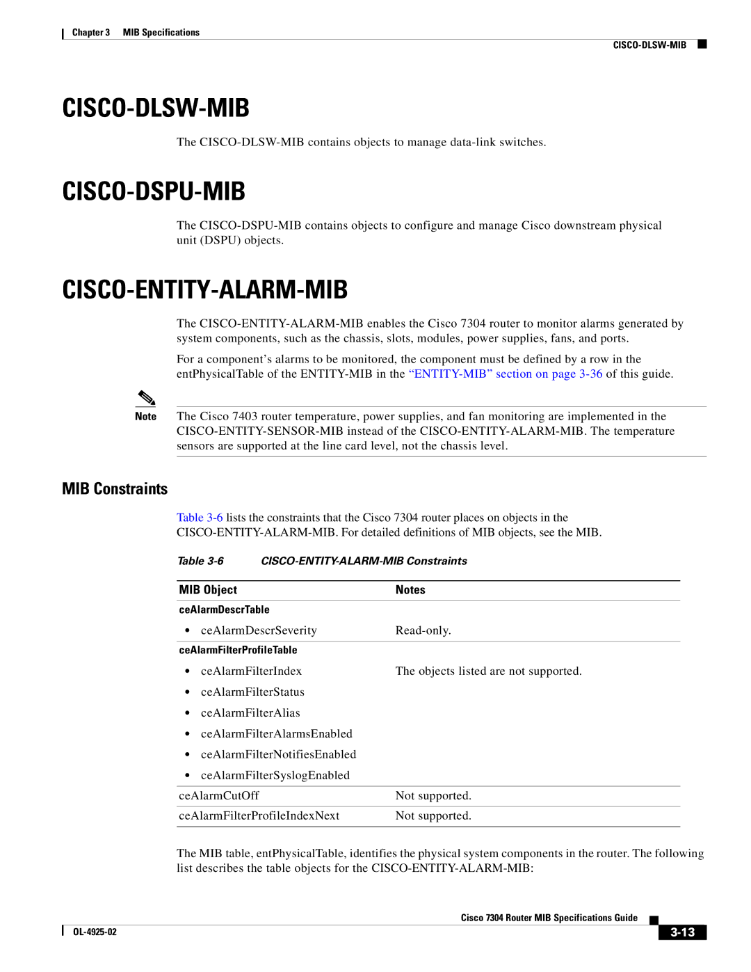 Cisco Systems 7304 specifications Cisco-Dlsw-Mib, Cisco-Dspu-Mib, Cisco-Entity-Alarm-Mib 