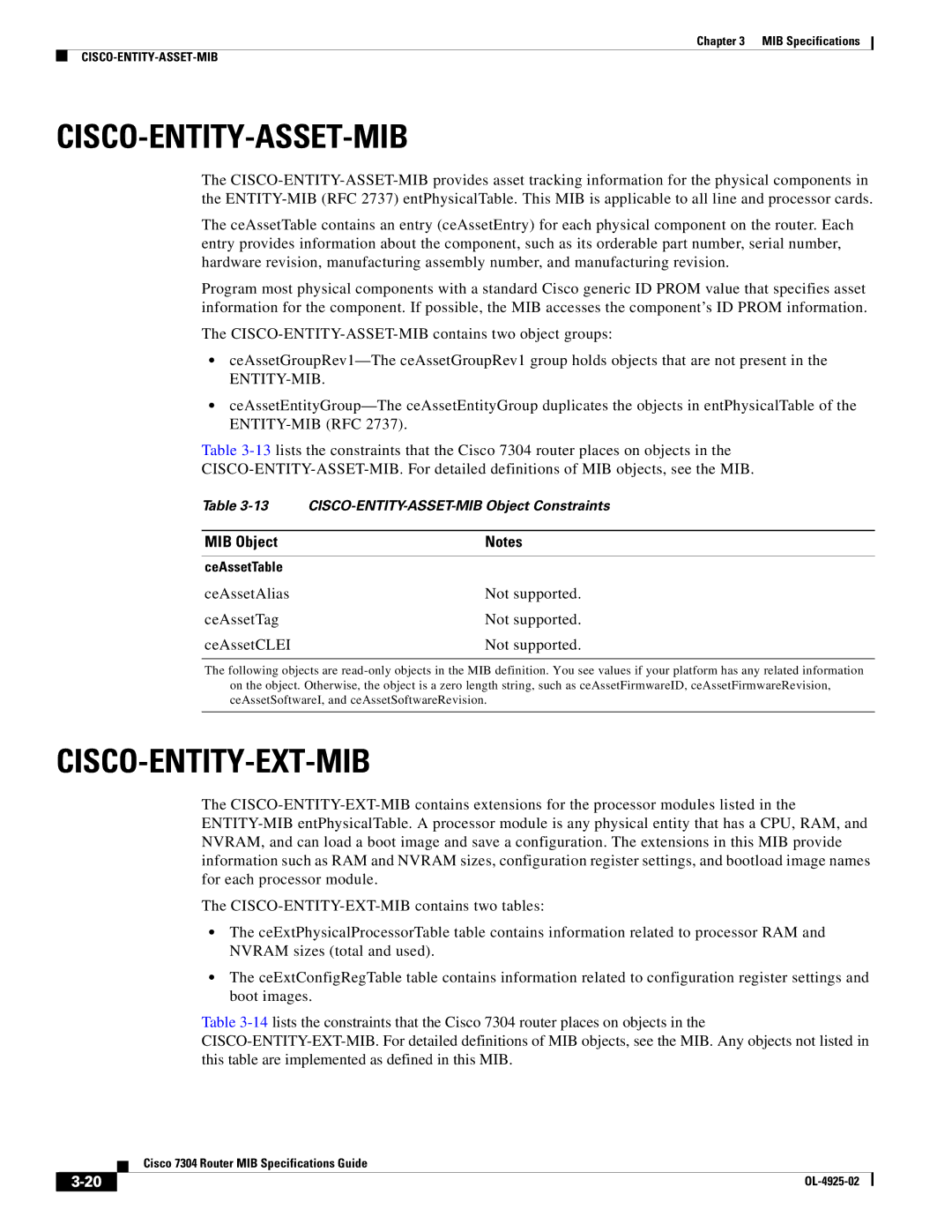 Cisco Systems 7304 specifications Cisco-Entity-Asset-Mib, Cisco-Entity-Ext-Mib, Entity-Mib 