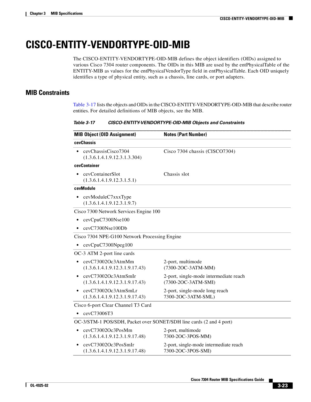 Cisco Systems 7304 specifications Cisco-Entity-Vendortype-Oid-Mib, MIB Object OID Assignment 