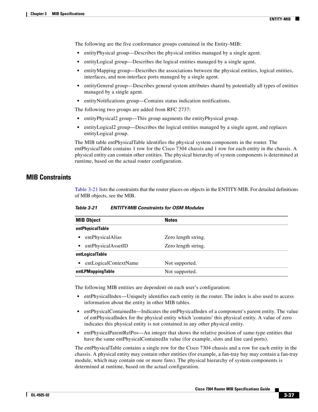 Cisco Systems 7304 specifications EntPhysicalAlias Zero length string EntPhysicalAssetID 