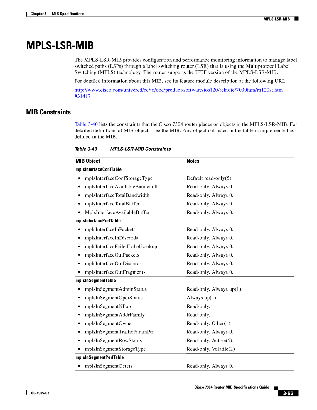 Cisco Systems 7304 specifications Mpls-Lsr-Mib, MplsInSegmentOctets Read-only. Always 