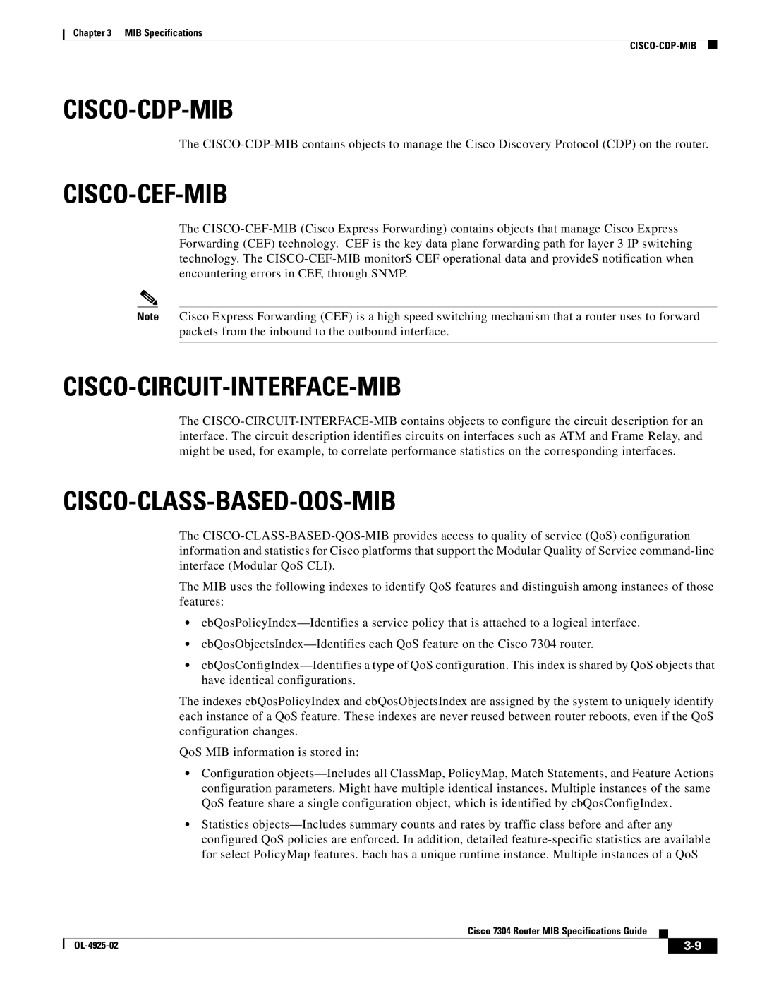 Cisco Systems 7304 specifications Cisco-Cdp-Mib, Cisco-Cef-Mib, Cisco-Circuit-Interface-Mib, Cisco-Class-Based-Qos-Mib 