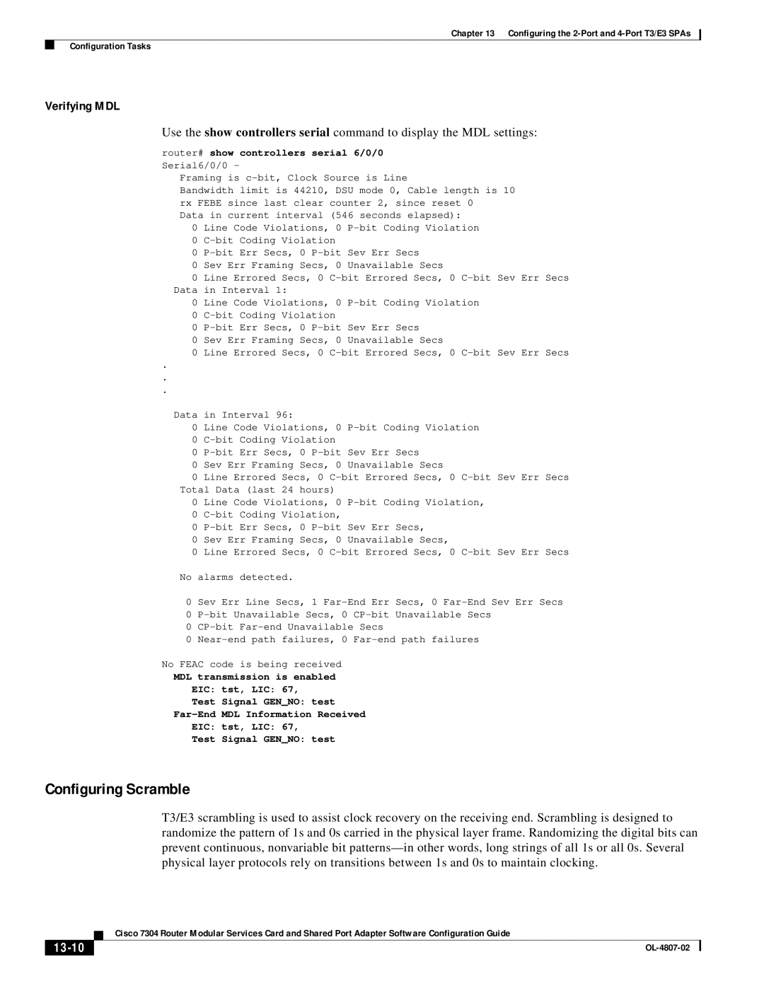 Cisco Systems 7304 manual Configuring Scramble, Verifying MDL, 13-10 