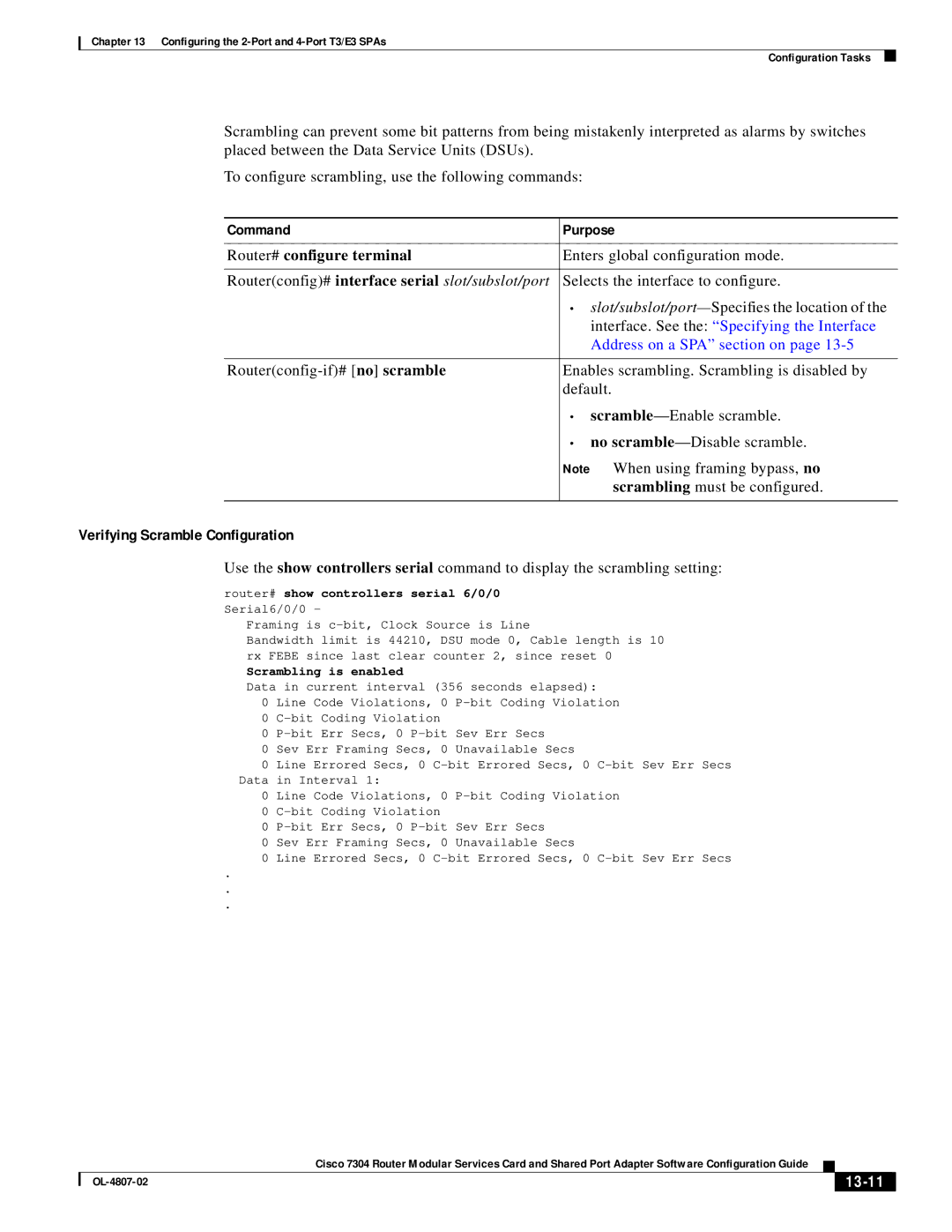 Cisco Systems 7304 manual Verifying Scramble Configuration, 13-11, Scrambling is enabled 