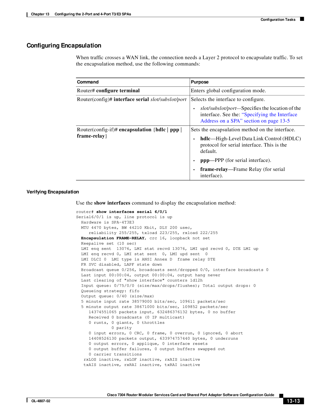 Cisco Systems 7304 Configuring Encapsulation, Verifying Encapsulation, Routerconfig-if# encapsulation hdlc ppp, 13-13 