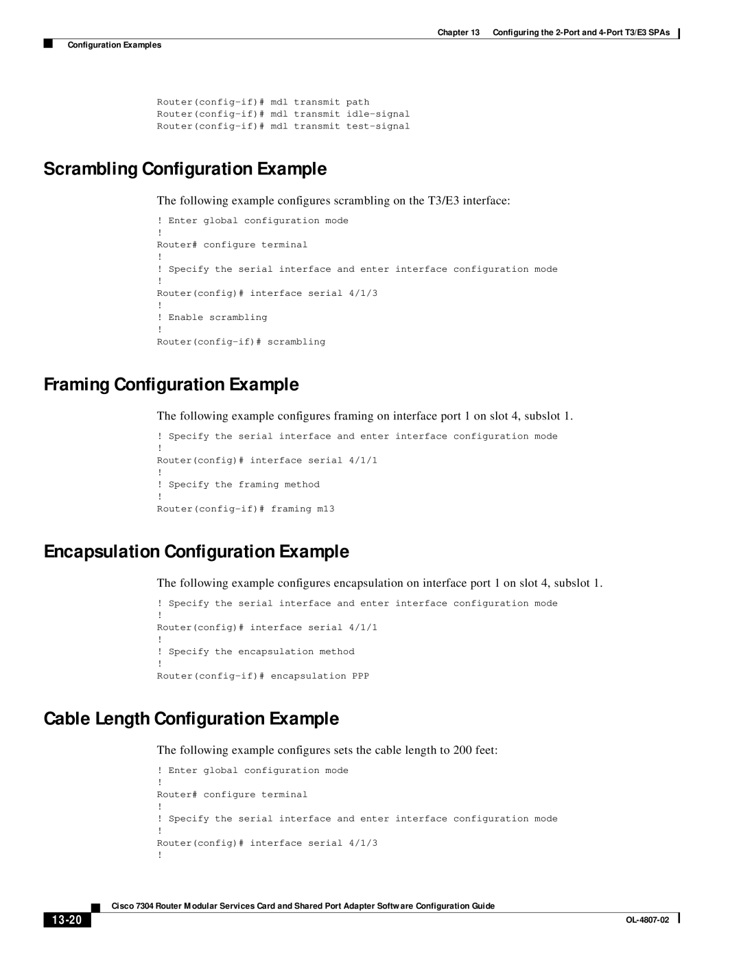 Cisco Systems 7304 Scrambling Configuration Example, Framing Configuration Example, Encapsulation Configuration Example 