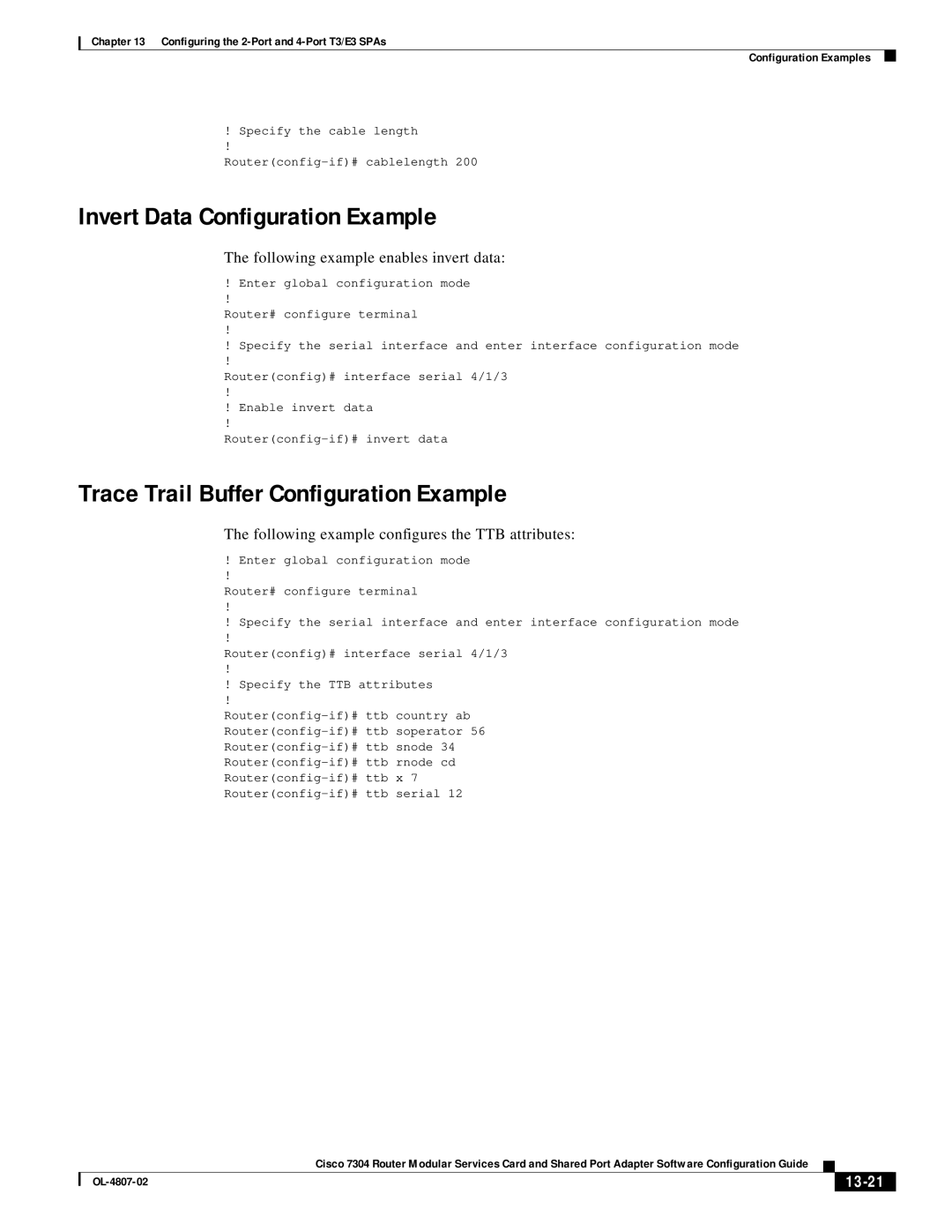 Cisco Systems 7304 manual Invert Data Configuration Example, Trace Trail Buffer Configuration Example, 13-21 