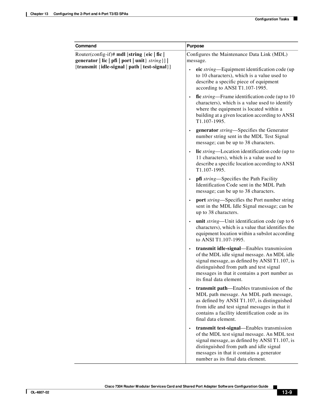 Cisco Systems 7304 manual Routerconfig-if#mdl string eic fic, Generator lic pfi port unit string, 13-9 