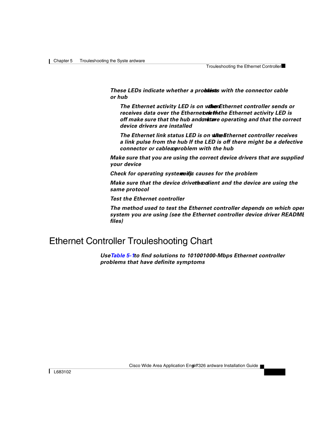 Cisco Systems 7326 manual Ethernet Controller Troubleshooting Chart 