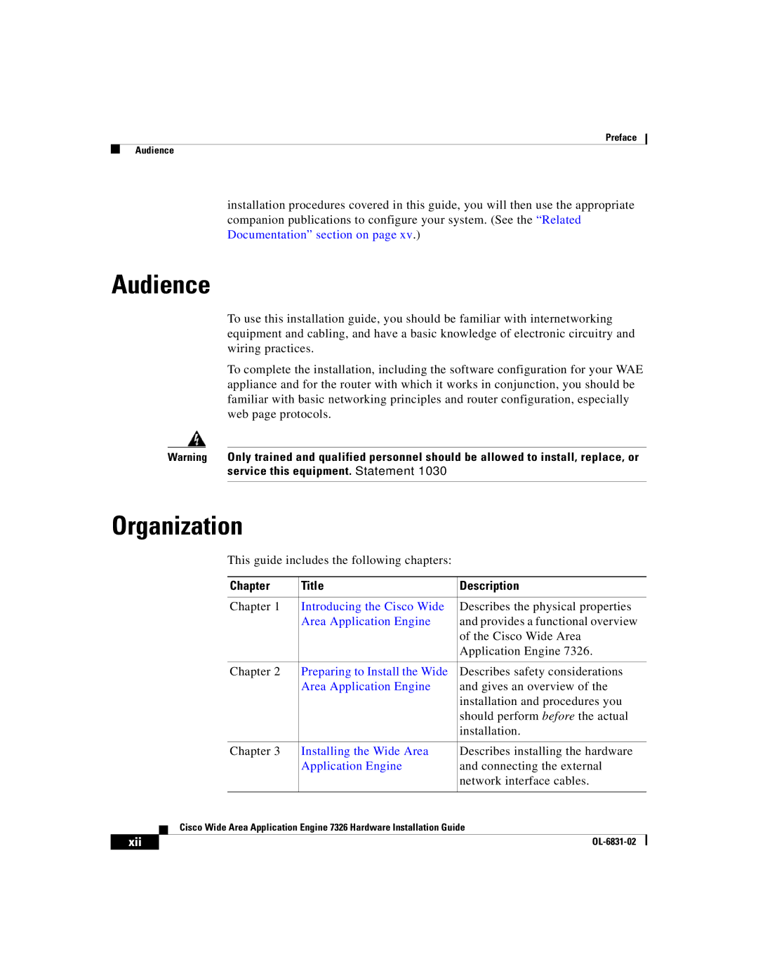 Cisco Systems 7326 manual Audience, Organization, Chapter Title Description 