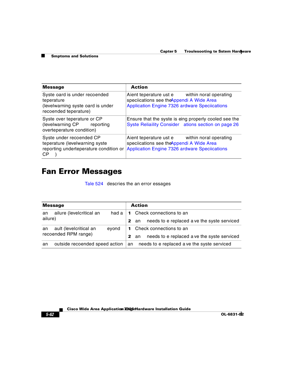 Cisco Systems manual Fan Error Messages, Application Engine 7326 Hardware Specifications 