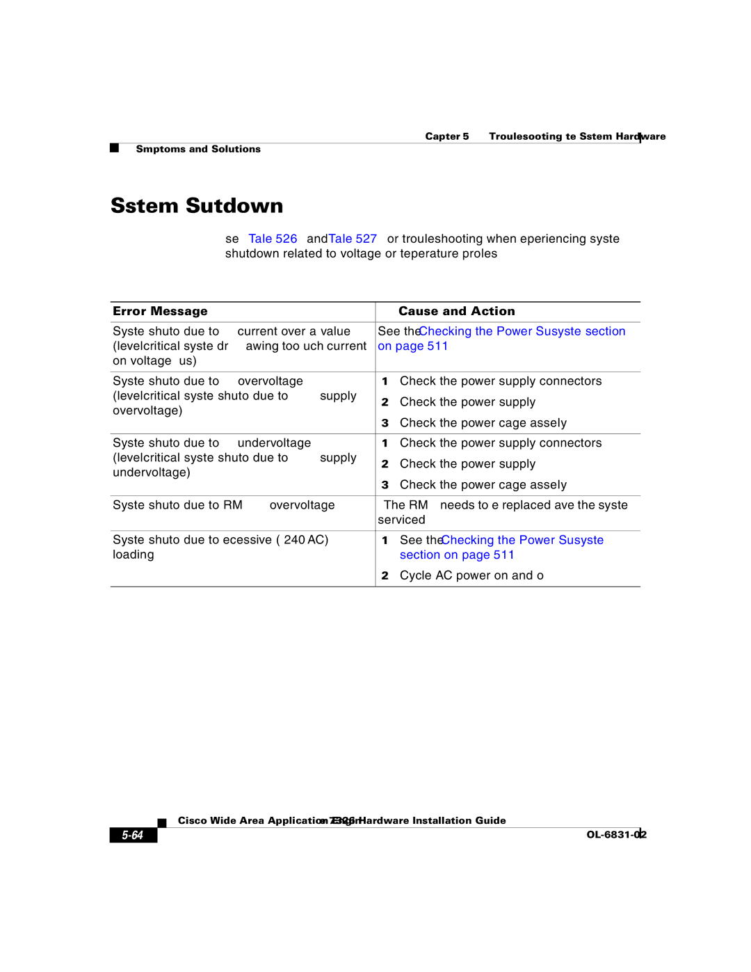 Cisco Systems 7326 manual System Shutdown, Error Message Cause and Action 