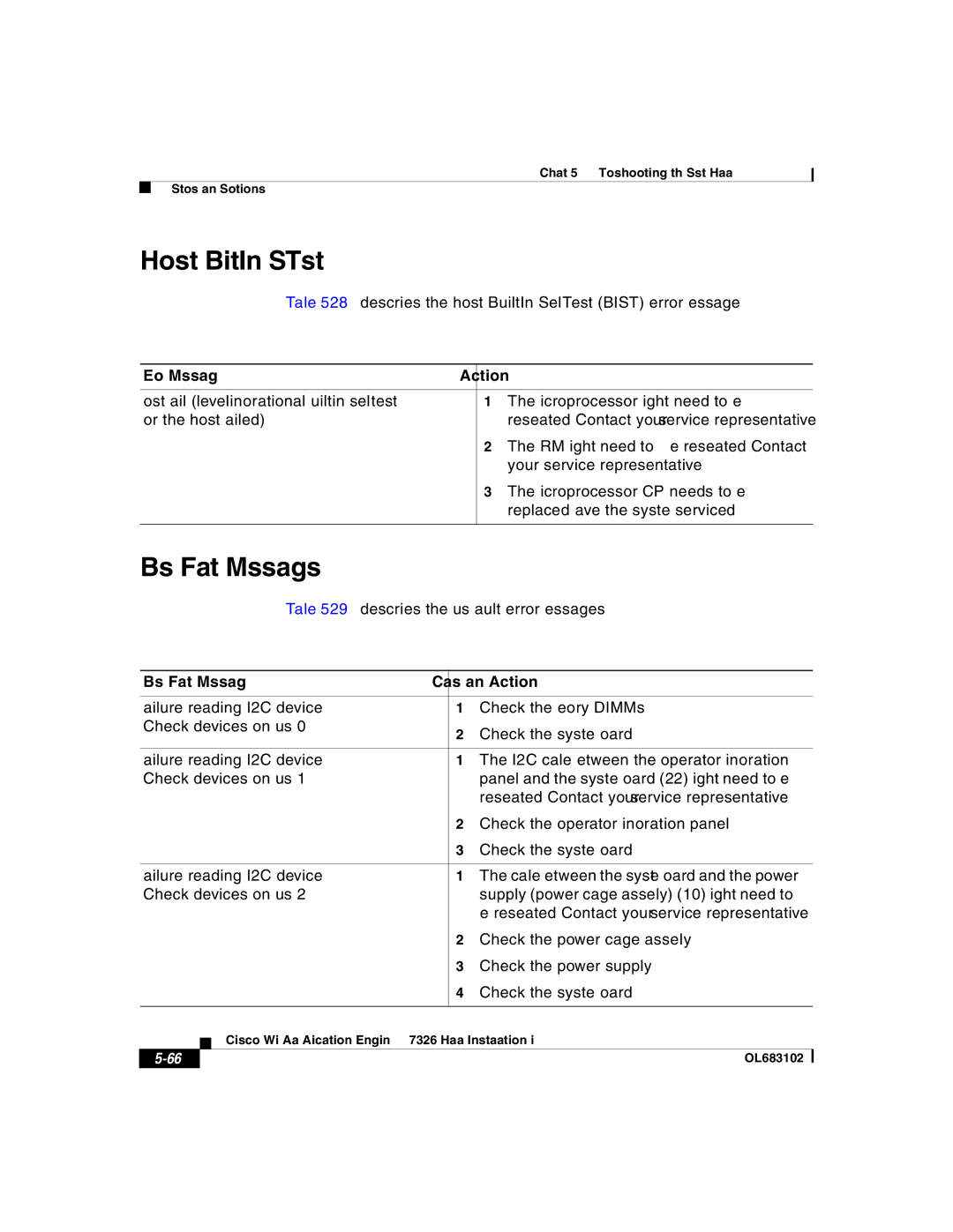 Cisco Systems 7326 Host Built-In Self-Test, Bus Fault Messages, Error Message Action, Bus Fault Message Cause and Action 