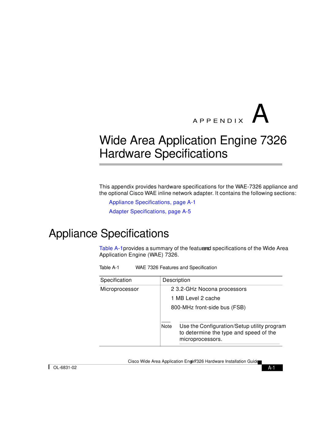 Cisco Systems 7326 manual Appliance Specifications, Specification Description 