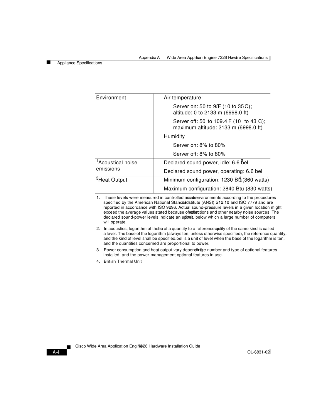 Cisco Systems manual Table A-1 WAE 7326 Features and Specification 