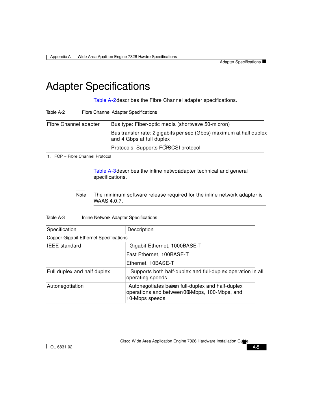 Cisco Systems 7326 manual Adapter Specifications, Specification Description 