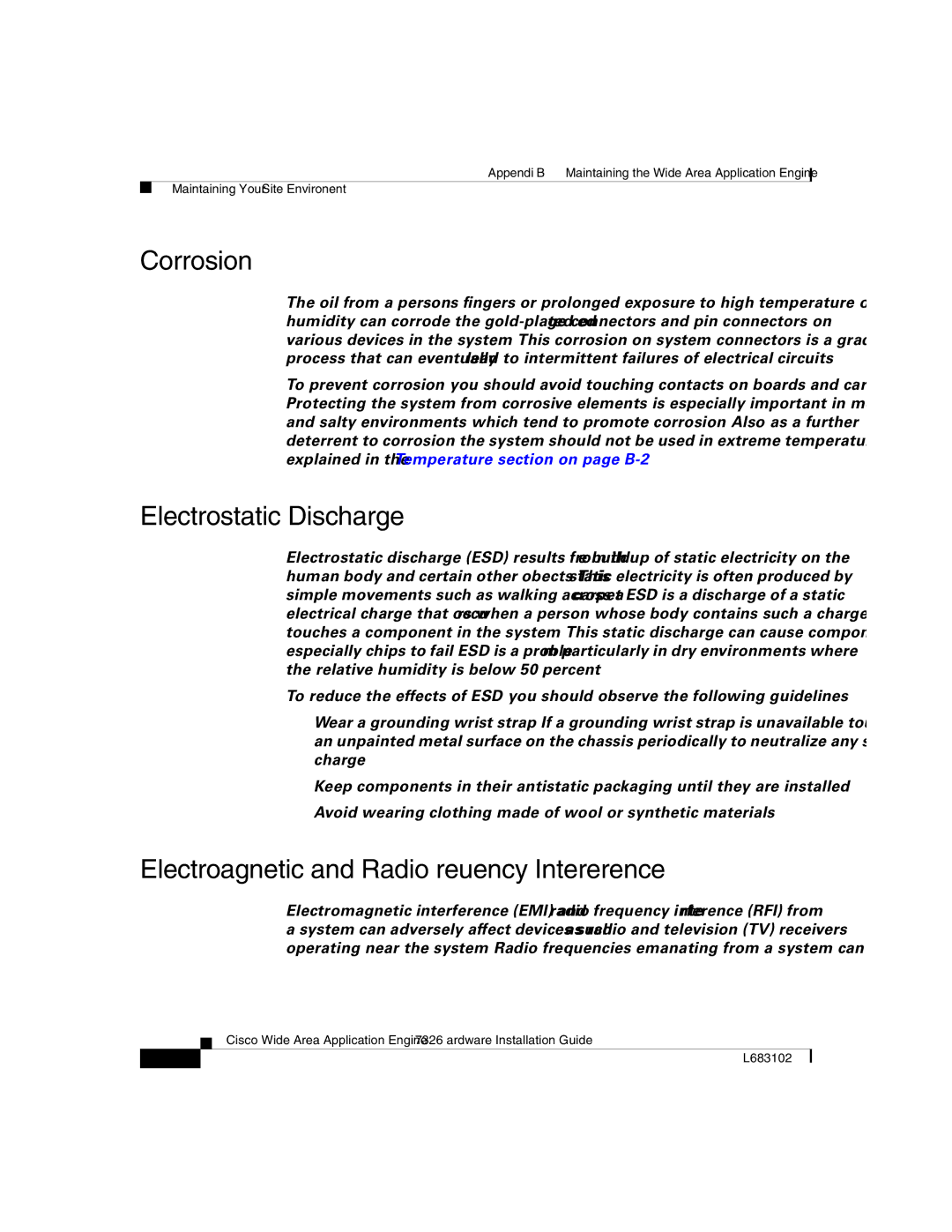 Cisco Systems 7326 manual Corrosion, Electrostatic Discharge, Electromagnetic and Radio Frequency Interference 