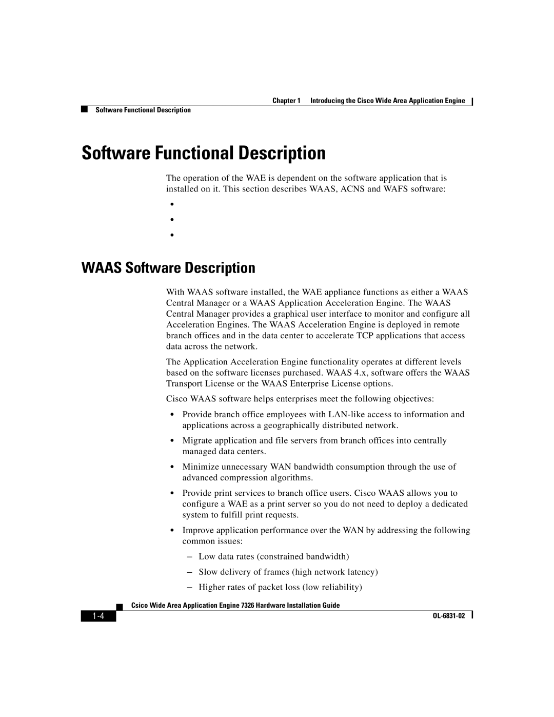 Cisco Systems 7326 manual Software Functional Description, Waas Software Description 