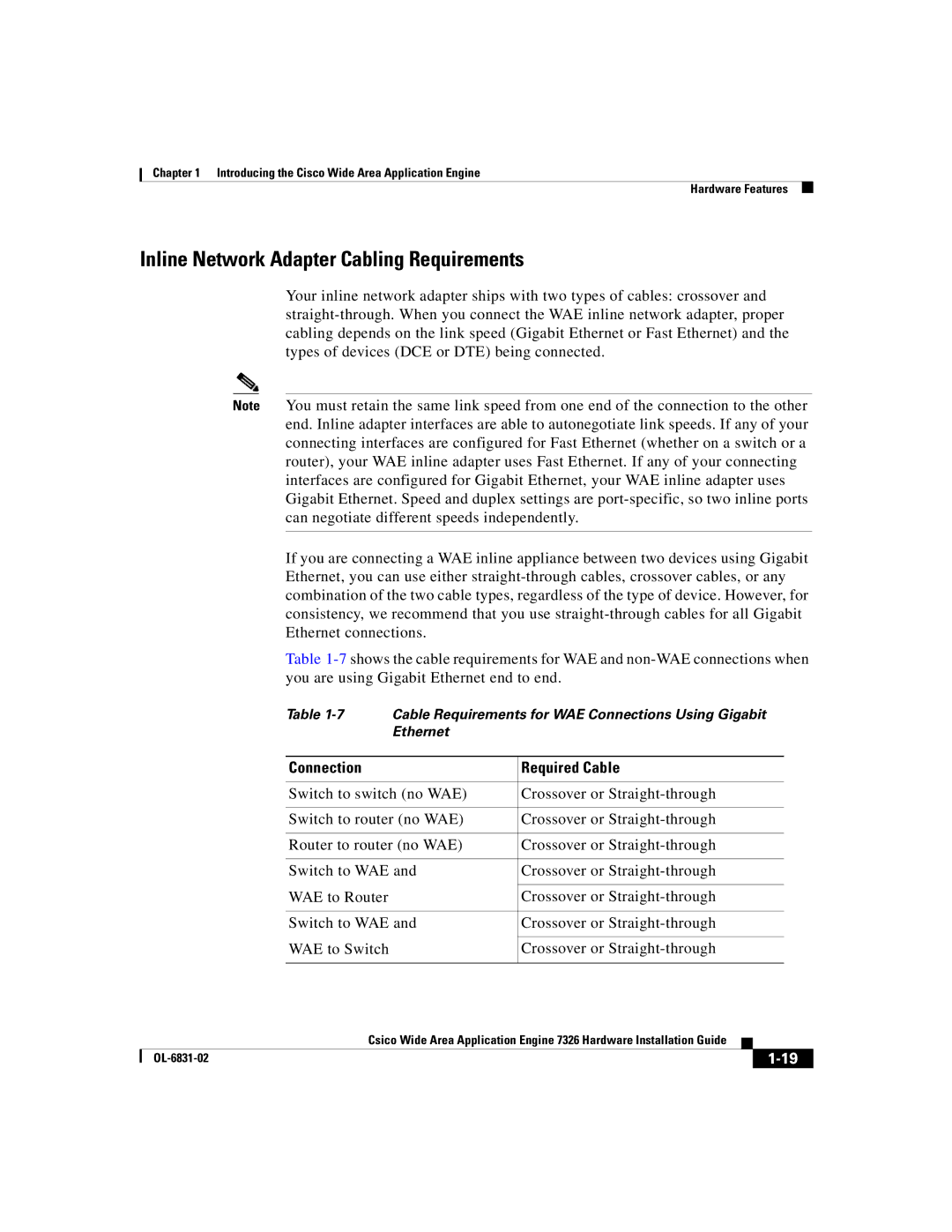 Cisco Systems 7326 manual Inline Network Adapter Cabling Requirements, Connection Required Cable 