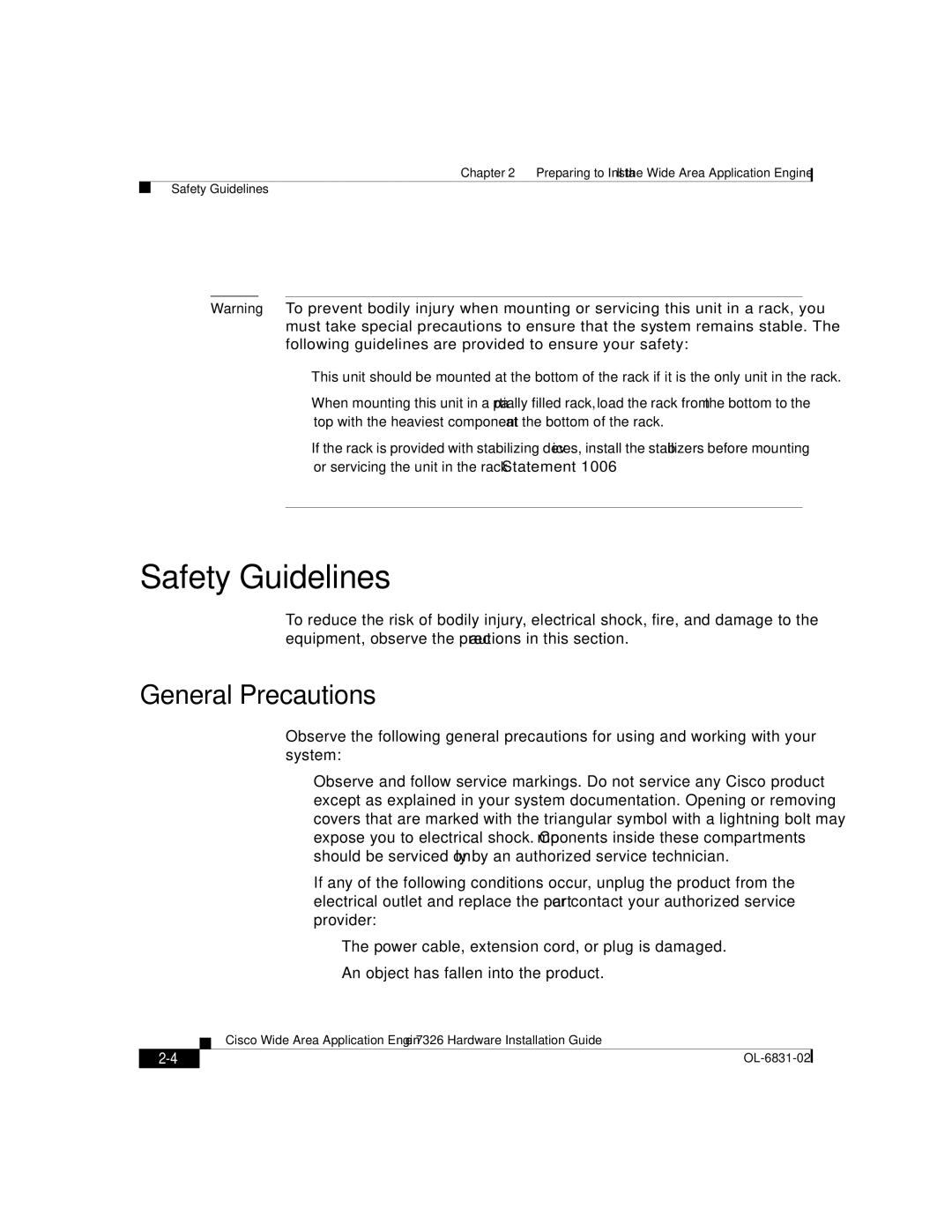 Cisco Systems 7326 manual Safety Guidelines, General Precautions 