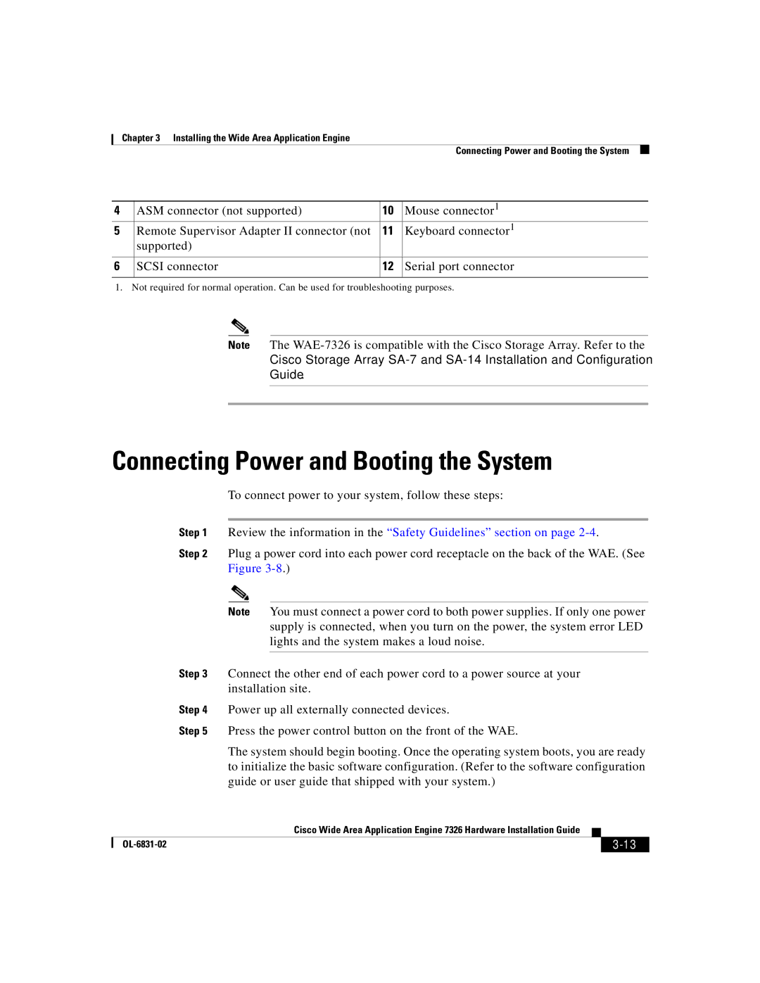 Cisco Systems 7326 Connecting Power and Booting the System, Review the information in the Safety Guidelines section on 