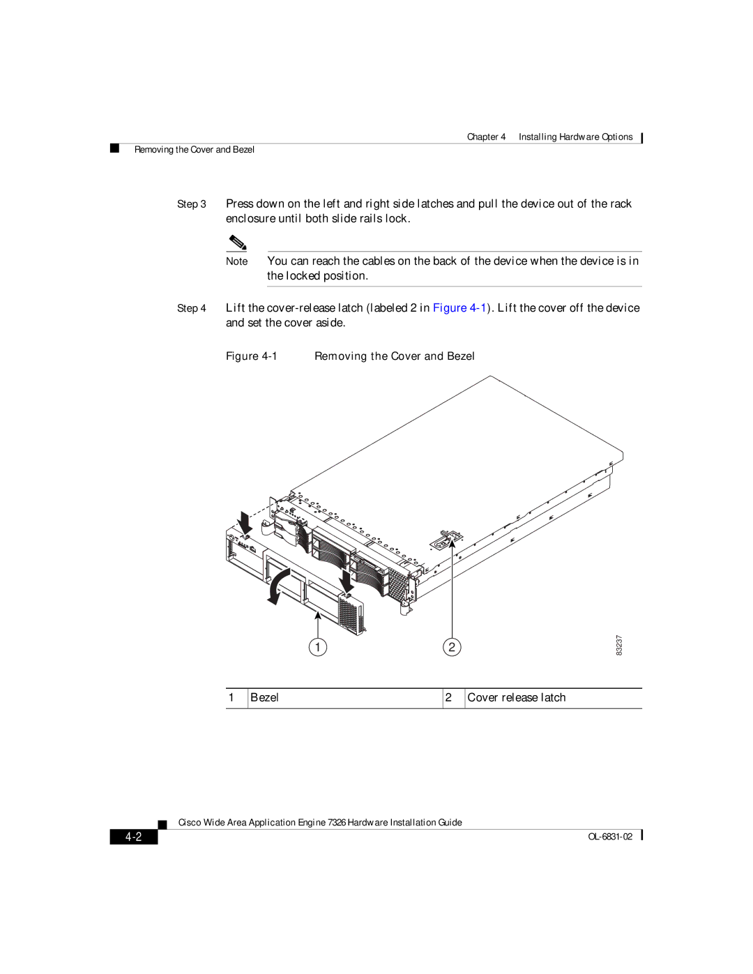 Cisco Systems 7326 manual Bezel Cover release latch 