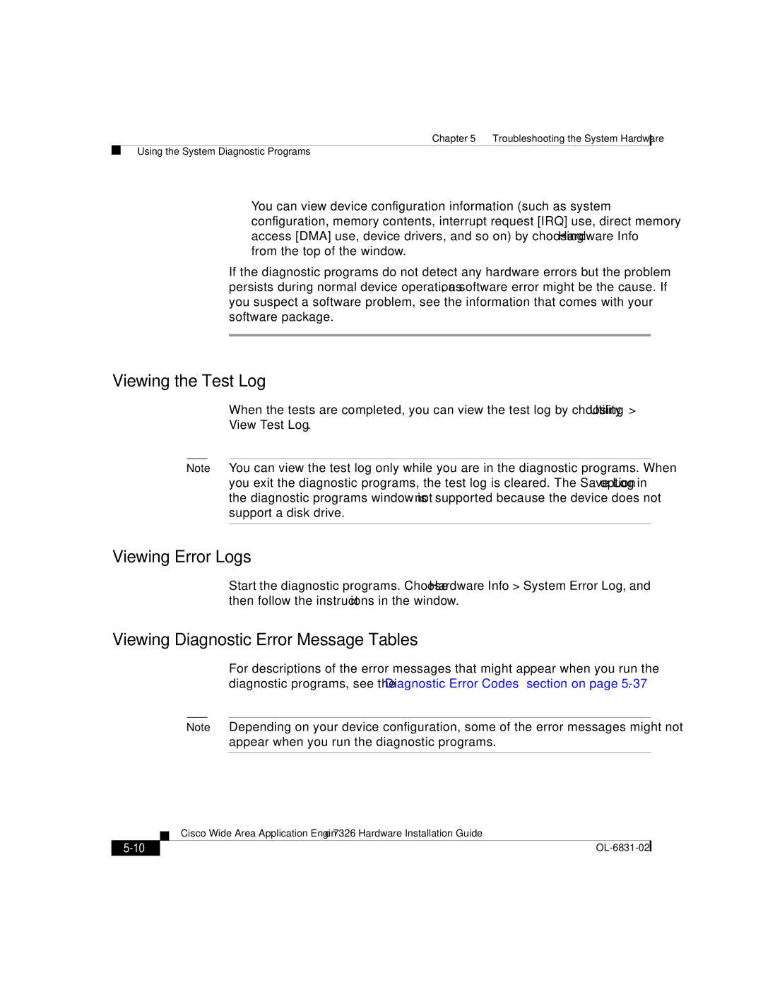 Cisco Systems 7326 manual Viewing the Test Log 