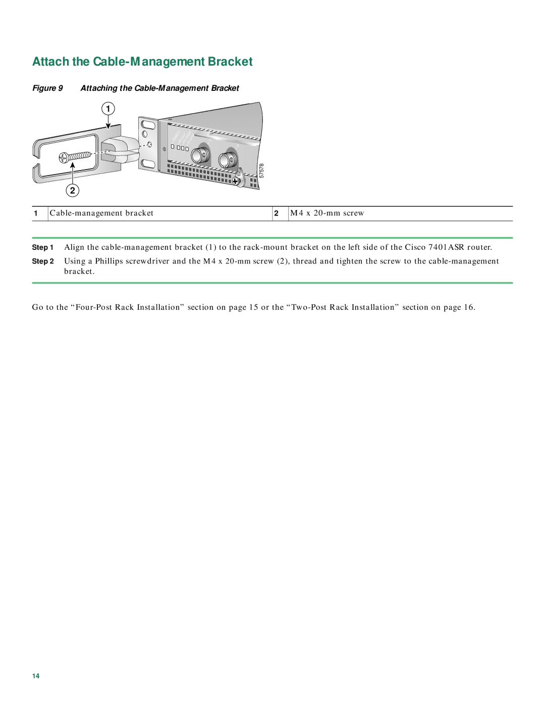 Cisco Systems 7401 quick start Attach the Cable-Management Bracket, Attaching the Cable-Management Bracket 